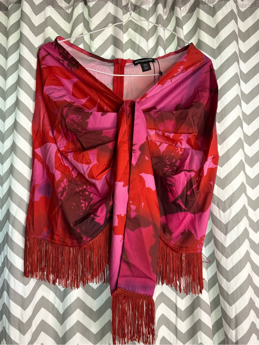 PLT Red & Pink Tie-Front Fringe skirt